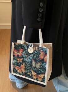 Mini Lunch Bag, Fashionable Floral & Butterfly Print Lunch Tote For Women, Handheld Lunch Box Bag For Commuting, School, Picnic - Multicolor - View 3