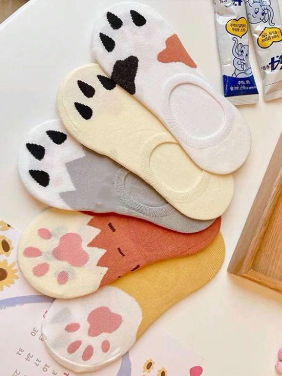 5 Pairs Women's Casual Cat Paw Print Ankle Socks, Cute Indoor Socks