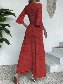 优雅女士时尚休闲V领长袖针织连衣裙，纯白色夏季海滩度假风，简约复古硬币设计，修身镂空剪裁，随机印花图案，适合返校季、秋冬季女装，圣诞节、感恩节和新年长款派对礼服 - 紅色 - 查看 2