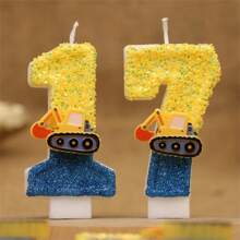 1pc Shiny Blue & Yellow Construction Truck Numeral Candle - Architecture & Engineering Theme Truck Number Candle 0-9 For Birthday Cake Decoration, Happy Birthday Celebration, Suitable For Engineers, Interesting Flashing Birthday Candle Cake Decoration For Birthday Party, Anniversary Celebration