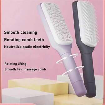 1pc Self-Cleaning Hairbrush, Retractable Hairbrush, Easy Clean Hairbrush With Retractable Bristles, Anti-Static Massage Brush, Easy Hair Removal And Cleaning, Self-Cleaning Brush (Black + Purple)
