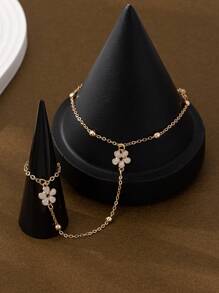 1 件优雅简约白色花瓣串珠开口无名指手链，适合女士，日常装扮装饰 - 金色 - 查看 5