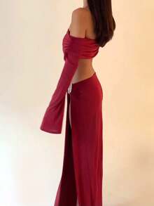 秋冬半身裙两件套长袖露肩短款上衣侧开衩半身裙套装 - 紅色 - 查看 3