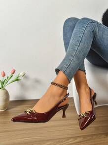 Tacones modestos color borgoña (rojo vino) para mujeres - Slingbacks con tacón de gatito cubierto, zapatos cómodos para trabajo y boda - Burdeos - Ver 3