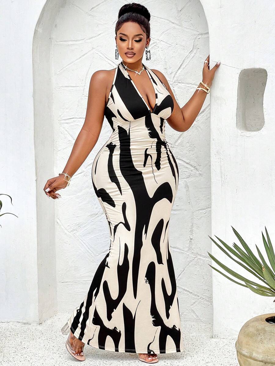 Sexy Halterneck Strappy Print Dress (Random Print) - Apricot - View 1