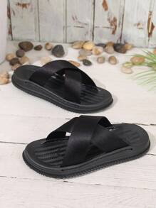 1 Pair Fashion Flat Cross Toe Slides Sandals For Teens, Suitable For Spring/Summer Outdoor Wear - Black - View 3