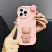 1pc Candy-Colored Wavy Floral & Small Bear Kickstand Phone Case Compatible With Iphone 16, Galaxy S24 Ultra, Infinix Smart 8/Infinix Hot 40i/Tecno Spark 20/Tecno Spark 20C/Tecno Spark Go 2024