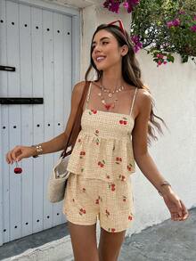 Doriss Summer Style 2pcs Cherry Printing Camisole Top And Shorts Set, Festival, Vacation Outfits, Eye-Catching Outfits, Romantic Holiday Style, Elegant, Back To School, Going Out Outfits - Khaki - View 3