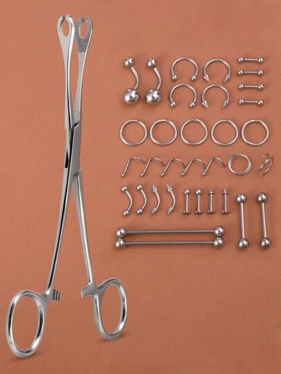 1pc Body Piercing Kit Forcep Clamp Tool And 34pcs Nose Lip Eyebrow Tongue Piercing Jewelry Set