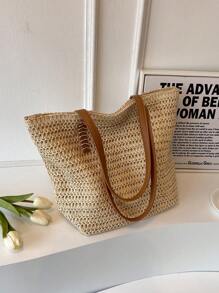1 pieza Bolso de hombro con cierre de gran capacidad, estilo casual de vacaciones, transpirable, tejido en beige, adecuado para señoras en primavera/verano, para artículos de playa, teléfono de viaje, billetera, lápiz labial, llaves, pañuelos, bolsas de almacenamiento