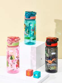 1 pieza Vaso de agua portátil de 600ml con diseño de dibujos animados para niños, tapa con resorte, portátil para estudiantes hombres y mujeres, vaso escolar de plástico portátil hombre y mujer