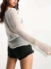 Women's Casual Solid Color Hollow Out Knit Cardigan