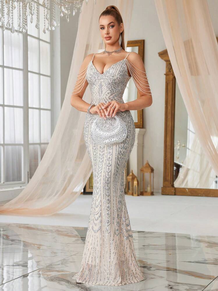 Vestido de fiesta de mujer con decoración de lentejuelas, vestido de noche sirena con tirantes finos, vestido de invitada de boda, vestido formal - Plateado - Añade 4