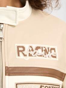 OUTTA BOX Women's Long Sleeve Zip Up Collared Patchwork Letter Embroidery PU Motorcycle Jacket
