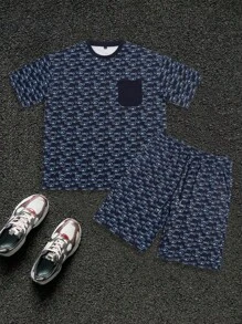 Herren Fischgrätenmuster Rundhals Kurzarm Lässig T-Shirt & Shorts Set mit Kordelzug Taille