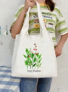 1pc Customized Fashionable Canvas Tote Bag, Floral & Text Design, Unique, Large Capacity, Lightweight, Foldable, Personalized With Letter, Name, Slogan, Suitable For Shopping, Daily Use, School, Office, Storage - White - View 4