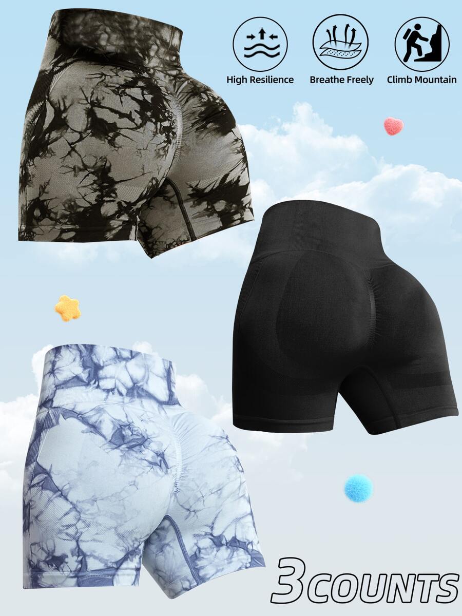 3 Stücke/Set Damen Batik Nahtlose Yoga Shorts, figurformende hohe Taille Workout Shorts, vielseitig & bequem, Frühling/Sommer - Verschiedenfarbig - Übersicht 1