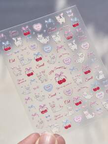 1 Sheet 5D Embossed Self-Adhesive Nail Art Stickers, Cute Bow, Strawberry, Cherry, Cat, Flower Patterns, Glitter, Odorless, Plastic Material For Hands & Feet Nail Art DIY, Decorative For Daily Use, Phone Cases, Diaries, Loved By Women & Girls