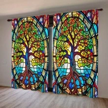 2 piezas de Cortinas semitransparentes de estilo gótico con diseño de árbol de la vida en vidrio decorativo de colores, tela de poliéster, adecuado para sala de estar, cocina, dormitorio, decoración del hogar