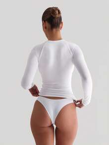 XLLAIS Fall Winter Outfits 2025 Solid Small Neck Basic Casual Raglan Long Sleeve T Shirt Sport Knit Women White Tops - White - View 7