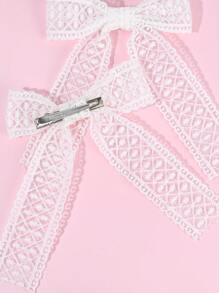 2 件装女童休闲网状蝴蝶结发夹白色蕾丝花朵蝴蝶结发夹带尾巴儿童幼儿优雅鳄鱼皮发夹青少年儿童礼物发饰 - 彩色 - 查看 3