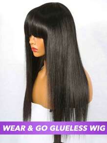 8-30 Inch Full Machine Made Glueless Straight Human Hair Wig With Bangs - Natural Color For Women 150% Density For Daily Party Use - Natural Black - View 3