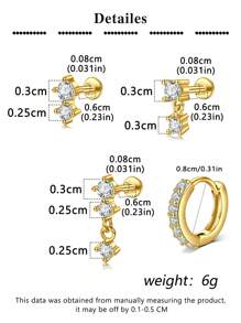 4 piezas Pendientes de cartílago para mujer de plata y oro, pendientes planos para tragus, helix, joyería para perforaciones, hipoalergénicos, pendientes apilables, pendientes de botón de oro para mujeres, pendientes para mujeres, pendientes de espalda plana, pendientes para el segundo orificio para mujeres