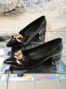 New Women's Pointed-Toe Low Heel Pumps, Black Color, Metal Buckle Decor, Elegant Fashion Sexy Shoes Suitable For Party, Outdoor, Office, Work - Black - View 5