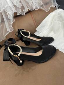 Tacones gruesos elegantes con decoración de cristales y perlas para niña, talla grande, adecuados para vestidos formales y ocasiones, con correa de tobillo ajustable