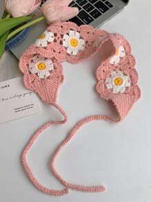 1pc Floral Crochet Knitted Headband, Spring & Summer Ins Style Decorative Headband, Handmade Woven Contrast Color Retro Floral Hair Band, Sweet Knitted Headscarf,Hair Accessories,Turban Headband, Hairband