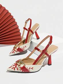 Damen Pumps mit floraler Stickerei, Ketten-Dekor und spitzer Zehenkappe mit Schnallenverschluss, elegante Modeschuhe geeignet für den Alltag, Zusammenkünfte, Partys, festliche Anlässe, Frühling/Sommer, bequeme vielseitige rote High Heels, High Heels, Pumps mit Blume Muster - Rot - Übersicht 6