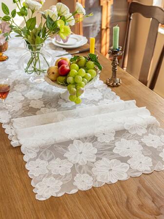 1개 백색 플로럴 자카드 레이스 테이블 러너, 프렌치 홀로우 아웃 장식 긴 천 소재로 가정, 거실, 웨딩, 파티, 식탁, 커피 테이블, 서랍장, 먼지 커버에 적합