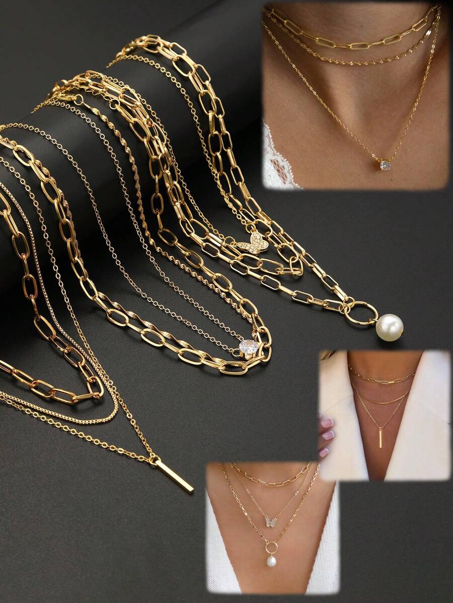 7pcs Set Elegant Vintage Stylish Pearls Crystal Rhinestone Heart Geometric Vertical Stripe Chain Minimalist Metal Pendant Multilayer Necklace, Fashion Jewelry Gift Set For Holiday Party Date Daily Wear - Yellow Gold - View 1