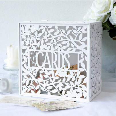 1 Pc Elegant White Wooden Wedding Card Box With Leaf And Vine Design - Perfect For Bridal Showers, Graduation Ceremonies, And Party Decorations, Including Lids For Secure Gift Storage, Bridal Shower Gifts | Elegant Card Box | Delicate Hollow Out, Wedding Decoration Birthday Birthday Decorations Bachelorette Summer Beach Back To School School Supplies Room Decor
