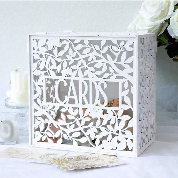 1 Pc Elegant White Wooden Wedding Card Box With Leaf And Vine Design - Perfect For Bridal Showers, Graduation Ceremonies, And Party Decorations, Including Lids For Secure Gift Storage, Bridal Shower Gifts | Elegant Card Box | Delicate Hollow Out, Wedding Decoration Birthday Birthday Decorations Bachelorette Summer Beach Back To School School Supplies Room Decor