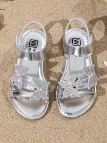 Summer Girls Elegant Sandals, Butterfly Decor, Round Toe Flat Open Toe, Silver Princess Roman Shoes, Stylish For Resort Beach Walking