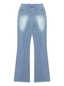 NVFelix Nuevos jeans de mujer para otoño, versátiles, con efecto desgastado, de talle bajo, con bolsillos, acampanados y de corte slim, para volver al colegio, color azul claro