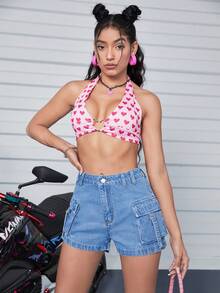 Flap Pocket Denim Shorts - Light Wash - View 1