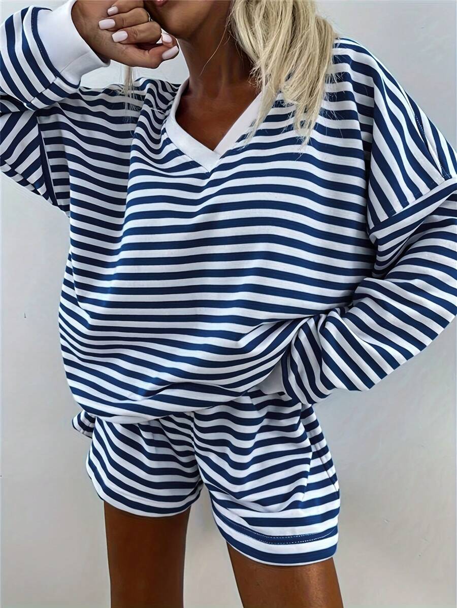 2pcs Red Striped Long Sleeve Top And Matching Lounge Pants Set For ...