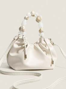 حقيبة يد لؤلؤية أحادية اللون بتصميم بسيط عصري 2024 الجديد، حقيبة كتف صينية بسلسلة بنمط كلاسيكي، حقيبة يد بمقبض علوي متجعد بتصميم راقي للحفلات للنساء - أبيض - مشاهدة 2