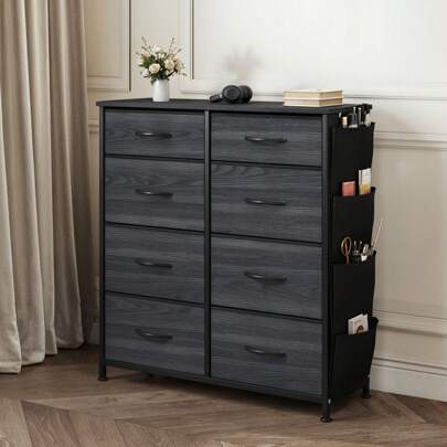 Chest Of Drawer With 8 Drawers For Bedroom Fabric Dresser Storage Drawers With Handles Metal Frame For Living Room, Hallway, Nursery, Rotten Wood Grain
