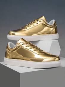 Zapatillas de moda con cordones planos dorados brillantes para hombre de talla grande, con puntera redonda adecuadas para fiestas, zapatos caminantes de PU llamativos con cordones, para primavera/verano/otoño