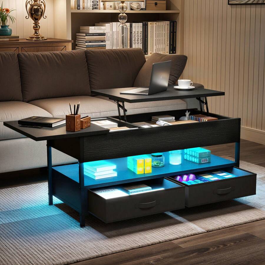 Lift Top Coffee Table, Wood Lifting Table Tea With Storage Shelf, Coffee Tables For Living Room With 2 Drawers And 16 Colors LED Light Strip,106 * 50 * 51.5cm - Black - View 1