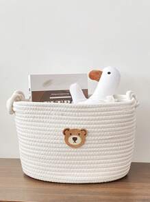 1pc White Minimalist Woven Cartoon Storage Basket, Suitable For Kids Room Toy Storage, Desk Organizer, Can Hold Diapers, Snacks, Cosmetics, Decorative Living Room Storage Basket