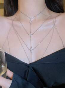 优雅银色锆石几何多层性感身体链，高端简约小众优雅全身比基尼锁骨链 - 銀色 - 查看 1