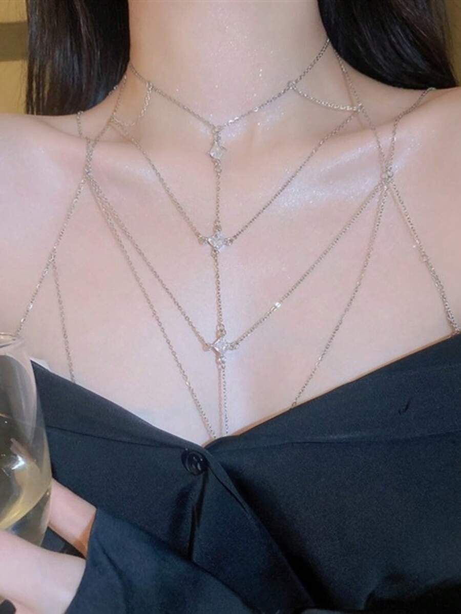 优雅银色锆石几何多层性感身体链，高端简约小众优雅全身比基尼锁骨链 - 銀色 - 查看 1