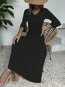 Elegant Women's Fashion Casual V-Neck Long Sleeve Knit Dress, All-White Summer Beach Vacation Style, Minimalist Vintage Coin Design, Slim Fit Hollow-Out, Random Print Pattern, Suitable For Back To School Season, Autumn/Winter Women's Clothing, Long Party Dress For Christmas, Thanksgiving And New Year - Black - View 6