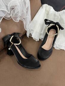 Tacones gruesos elegantes con decoración de cristales y perlas para niña, talla grande, adecuados para vestidos formales y ocasiones, con correa de tobillo ajustable