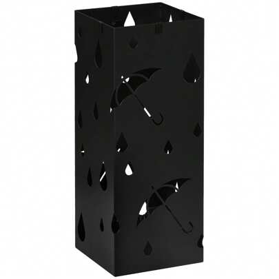  HOMCOM Steel Umbrella Stand, Square Umbrella Holder With 4 Hooks And Removable Drip Tray, Hollowed Umbrella Basket For Hallway, Black