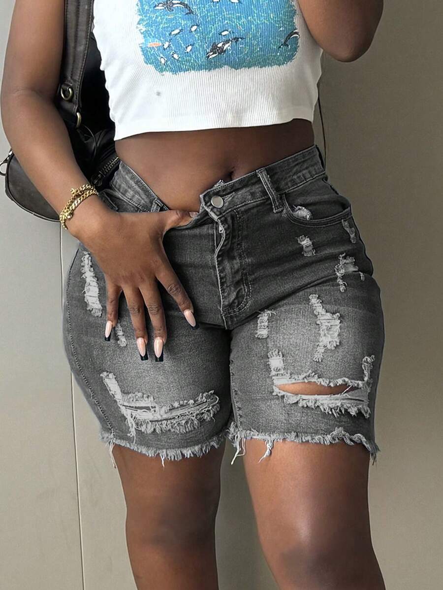 New Style European & American Cheeky Fit Stretch Denim Shorts Casual Summer - Grey - View 1